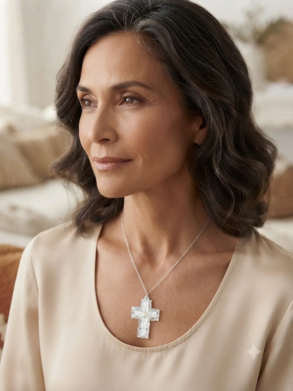 Mother of Pearl Cross Pendant Necklace - White